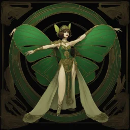 Full body, art nouveau woman with a bob with a fringe hairstyle, Cleopatra clothing, steampunk metal butterfly wings, green markings, black background