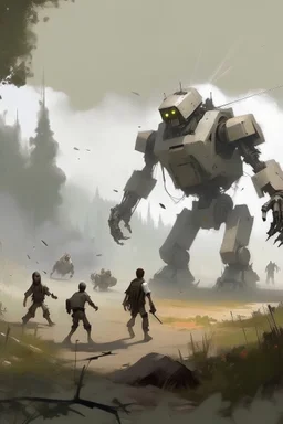 scena di combattimento con robot stile Jakub Rozalski