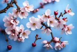 fantastic light pin blue background with four bunches of cherry blossoms