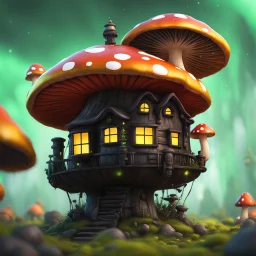 A funny floating mushroom house in space. neutral colors, black yellow green, Detailed gloss Painting, rich color, fantastical, intricate detail, splash screen, hyperdetailed, insane depth, concept art, 8k resolution, trending on Artstation, Unreal Engine 5, color depth, dynamic lighting, splash art, dramatic, masterpiece, excellent quality beautiful Fun Imaginative, unique, great composition