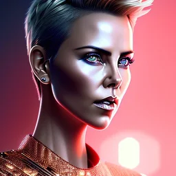 Charlize Theron, Cyborg anime samurai, cyberpunk, white skin, light blonde short hair, pixie hair, cobalt eyes, waist up portrait, 8k resolution, retroanime, intricate details, neon details, soft lighting, vibrant colors, masterpiece, intricate eyeliner, dark eyeshadow, eyes, intricate tattoos, gradient background