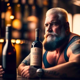 burly 60 year old man with short beard and tank top tattoo chooses a bottle in a cellar and wine bottles, look at camera, hyper realistic, Cinematic, 35mm lens, 35mm lens, f/1.8, accent lighting, global illumination