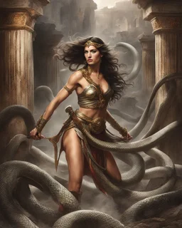 snakes [greek goddess] Trapped in a forgotten temple, a woman warrior with her scimitar fights against two immense serpents . Their muscles straining against the relentless grip. Their struggle embodies resilience and the pursuit of freedom. In the decaying ruins, they refuse to yield. Bound by an unbreakable bond