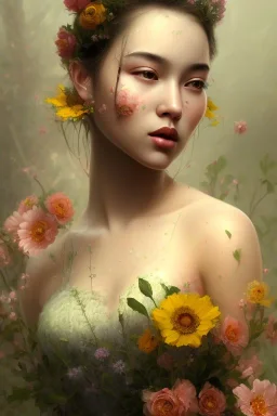 painting of flowers and beautiful girl portrait, scaffolding, decay, textured, anatomically correct, beautiful perfect face, sharp focus, highly detailed