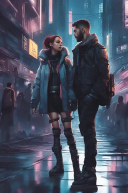 Science fiction, cyberpunk, city street, couple girl and guy, love at first sight