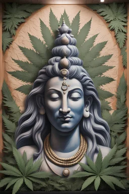A religious icon mural of the Hindu god Shiva made out of different types of marijuana in photorealistic detail.