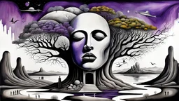 painted and drawing inner world with uncontrolled mind and soul, in midle a big head statue on floating island over surreal cracked painted weird land with some black doors. very dark purple, gray, black, white, brown. Whimsical style of Chagall , of Minjae Lee and René Magritte, lonely face with absurd beauty. broken, weird absurd nightmare, labirynth, dark vision, in background big neuron network and stars , surreal vibe