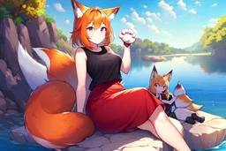 Girl, fox ears, one big fox tail, orange hair, red skirt, river, fox foot , sit on the shore, purple fox eyes, black T-shirt, fox paws hand