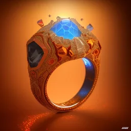 Ring made by diamonds shreds of glass, orange diamonds sparkles, red rubi fragments around, blue lights reflexes, complex structure, gold details, intricate ring shine,Unreal Engine 5, macro lens,sharp focus, photorealistic, hyper detailed, studio lighting, neon light ambient, cinematic lighting trending of by artstation