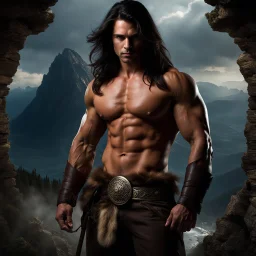 Handsome and muscular 30 year old shirtless mountain man long dark hair, dark fantasy, no background