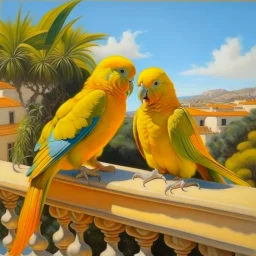 Neoclassicism realistic yellow orange cote d'azur parakeets landscape sea