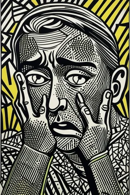 tribal man in grief with hands on face pencil draw style of roy lichtenstein