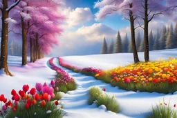 a field filled with lots of flowers next to a forest, footsteps in the snow, splashes of colors, path, very attractive and beautiful clouds, ( land ), pathway, color splashes, beautiful view, soft edges, stunning screensaver.