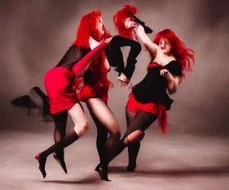 two red hair women dancing in black and red lingerie as a photography style