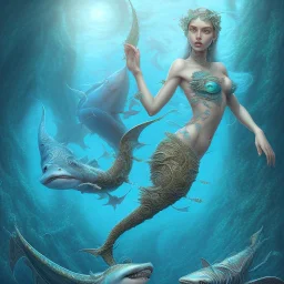 sango fantasy, fantasy magic, intricate, sharp focus, illustration, highly detailed, digital painting, concept art, matte, artgerm and paul lewin and kehinde wiley, masterpiece sexy lips African lady fish body mermaid turquoise space lady beach sea under water great white shark mermaid seaweed