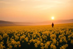 A vast, tranquil landscape bathed in the golden glow of a spring sunset, with a sea of daffodils stretching across rolling hills under a soft, pastel-colored sky. The flowers sway gently in a soft breeze, creating a vibrant, dream-like ocean of yellow against the serene background. A solitary figure, perhaps a poet or dreamer, stands in awe at the beauty, their presence almost blending with the natural scenery. The atmosphere is ethereal, with surreal lighting and soft shadows creating a magical