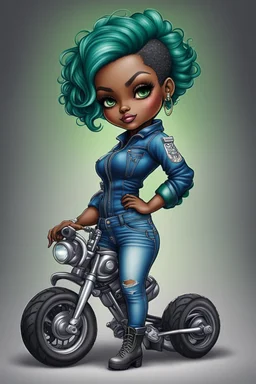 create an airbrush illustration of a chibi cartoon voluptuous black female wearing a blue jean outfit with biker boots. Prominent make up with hazel eyes. Extremely highly detail of a very low green pixie haircut. Background of a bike show.