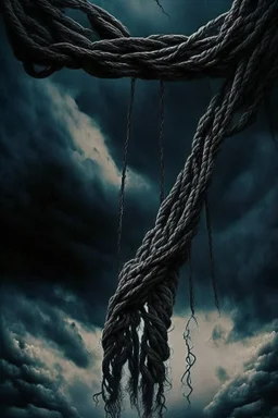 Human corpses, a long, strong and large rope hanging from the terrifying sky, inspired by science fiction, the scene is drama and cinema scenarios, the epic of the sky, dark colors, sad and depressing ،