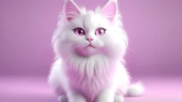 Realistic 3D rendered Happy cat, shinny, Large lavender eyes, white fluffy fur, in a sitting position, shades of pink background, closed mouth, 4 paws, 1 tail tucked under the paws, futuristic, simple and clean, 8k post-production, artstation: award-winning: professional portrait: atmospheric: commanding: fantastical: clarity: 16k: ultra quality: striking: brilliance: stunning colors: amazing depth