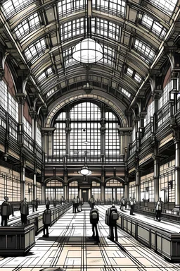 Rápida una imagen que retrata el hall central de la estación de tren de Once usando el estilo del mangaka japonés llamado Takehiko Inoue.