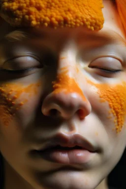 Girl face (eyes closed) with indigorubber effect in all face with orange sponge hair