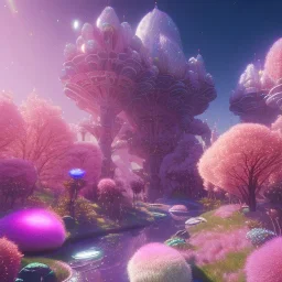 astronave luminosa, cristalli, SWANN, fiori, alberi in fiore, cielo rosa blu, pieno di dettagli, sole liscio e luminoso ， atmosfera di luce soffusa, effetto luce ， vaporwave colorato, concept art, dettaglio liscio ed estremamente nitido, dettagli finemente sintonizzati, altissima definizione, 8 k, motore irreale 5, messa a fuoco ultra nitida