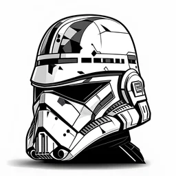 Craft a modern image of a Star Wars Arc Trooper helmet in the style of abstract art, with a geometric, stark, and utilise black and white front-facing 2D design. It should be placed against a plain white background, filling the majority of the square frame, and stripped of any detail that does not contribute to its minimalist aesthetic.