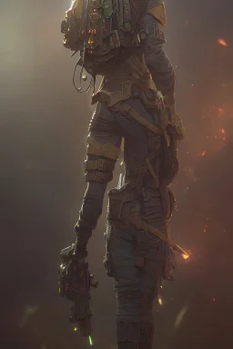 photorealistic back of a soldier, hyperdetailed painting, luminism, Bar lighting, complex, od green miltary, 4k resolution concept art, Artgerm, WLOP, Alphonse Mucha, 3d render, octane render, intricately detailed, cinematic, awesome full color, hand drawn, dark, gritty, cinematic, buckeye burl