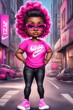 create an airbrush illustration of a chibi cartoon voluptuous black female. Wearing a hot pink t-shirt and tight black jeans with hot pink Nike sneakers. Prominent make up with hazel eyes and she is wearing pink glasses. Extremely Highly detail of a very low platinum shiny pixie haircut. Background of a busy city street.