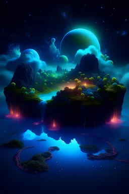 "Generate a surreal and dreamlike landscape where the sky is filled with floating islands and bioluminescent flora. Create a sense of wonder and otherworldly beauty in the image."