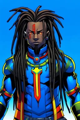 Picture of a black superhero with dreadlocks, his suit similar to comic book Kid Flash but his main colors should be Grey and blue. The tips of his dreadlocks should be died blue, and his lighting should be blue