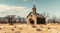 large church in 1960's middle of nowhere, day, 8k, high quality, trending art, trending on artstation, sharp focus, studio photo, intricate details, highly detailed, by tim burton