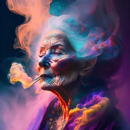 she is a gorgeous older woman-like being created out smoke ((she is coming out of a sunset mist), smoke dances around the character, by Vladimir Matyukhin, RAW, intricate, vibrant colors,(((facing viewer)))