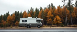 A camping bus at the side of a road, facing towards a cozy forest scenery using this color scheme: base00: "2f383e" # bg0, palette1 dark (medium) base01: "374247" # bg1, palette1 dark (medium) base02: "4a555b" # bg3, palette1 dark (medium) base03: "859289" # grey1, palette2 dark base04: "9da9a0" # grey2, palette2 dark base05: "d3c6aa" # fg, palette2 dark base06: "e4e1cd" # bg3, palette1 light (medium) base07: "fdf6e3" # bg0, palette1 light (medium) base08: "7fbbb3" # blue, palette2 dark base09:
