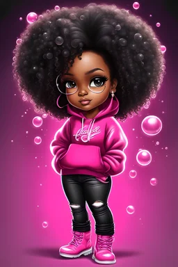Create an airbrush illustration of a chibi cartoon black female thick curvy wearing a cut of hot pink hoodie and black jeans and timberland boots. Prominent make up with long lashes and hazel eyes. Highly detailed shiny black curly afro hair. Background of a large bubbles all around her