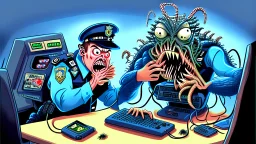 confused male cop dispatcher deals with evil virus hatching from the phone