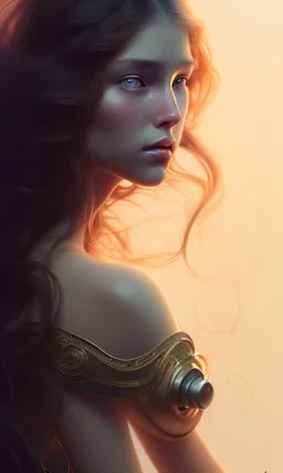 porno model , cute, beautiful, long hair, wavy hair, curly hair، black eyes, head and shoulders portrait, cinematic, 8k, resolution concept art portrait by Greg Rutkowski, Artgerm, WLOP, Alphonse Mucha dynamic lighting hyperdetailed intricately detailed