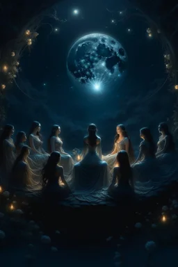 "Generate an AI art piece featuring natural moonlit nightwives, mythic figures connected to the moon's magic. Picture ethereal women in harmonious scenes with the night sky, surrounded by elements of nature. Capture the enchantment of these celestial beings in your artwork."
