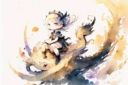 a cute anime chibi princess sitting on a wild chinese dragon and dynamically riding it, melting watercolor and black ink outlines on wet paper, soft, shading strokes, in sunshine, ethereal, otherwordly, cinematic postprocessing, bokeh, dof