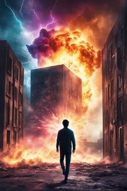 Young man walking towards a building that is exploding at night, with coloured auras and lightning around him