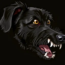 illustration of an angry scruffy black terrier on black background, yellow eyes