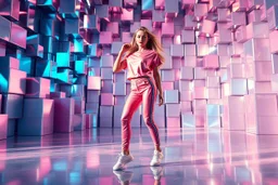beautiful lady with todays modern clothing and sport shoes, in surreal stage made of 3d fractal random size recursive objects with helical strip colors in clothing similar to environment full body dancing to camera,animating background metallic random color cubes