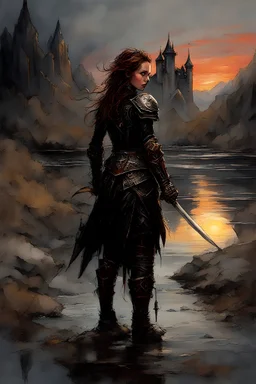 A formidable warrior girl in black armor, on the background Amazing gloomy landscape, flooded with sunset, mountains, trees, fabulous scary hero, , juicy emotions, painting, dark fantasy, gloomy day, dark world, portrait, Gothic Town At Night, Fantasy, Intricate Details, Castle Courtyard Gardens, Hyper Detailed, Jean Baptiste Monge, Carne Griffiths, Michael Garmash, Seb Mckinnon, Masterpiece