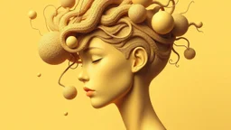 The image features a highly stylized and surreal representation of a human figure, characterized by a unique yellow-toned color palette. The face is shown in profile, with soft, smooth facial features and a serene expression. The head is adorned with flowing, organic shapes and textures that seem to resemble hair or tendrils, intertwining with spherical forms floating around. The background is a solid light yellow, enhancing the ethereal quality of the composition. The overall effect is one of