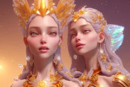 very beautiful crystal and gold goddess in a galactic ambiance, nice smiling, transparent petals, delicate colors, full of details, smooth, bright sunshine，soft light atmosphere, light effect，vaporwave colorful, concept art, smooth, extremely sharp detail, finely tuned detail, ultra high definition, 8 k, unreal engine 5, ultra sharp focus