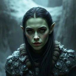 A digital illustration shoot from a portrait camera angle about a portrait of a young orc woman with dull green skin. In the middle of the image, a 20 years old orcish woman, appears to be looking at the viewer lost in thought. she has long black hair and is wearing armour. Fantasy, skyrim, ice magic