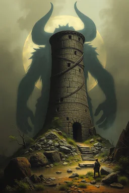 Paleolithic power plant.with a big shadow of an blurred evil in the background, Bosch painting style