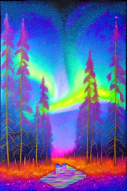 Zentangle image of Northern Lights shing in a jeweled fantasy forest
