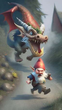 gnome running away from a dragon