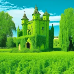 A lime green castle in a field covered in vines painted by Frida Kahlo